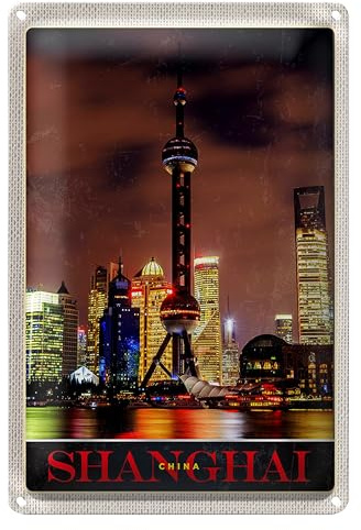 Shanghai Skyline | Blechschild | China | Retro-Stil | 12 cm x 18 cm