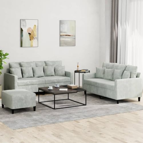 WEMYUFURN Samt Sofagarnitur 3-Sitzer mit Hocker, Weiches Velours Bezug, Robustes Metall Gestell, Vielseitige Sitzgruppe für Wohnzimmer, Graue Polstergarnitur mit Stabilem Sitzkomfort