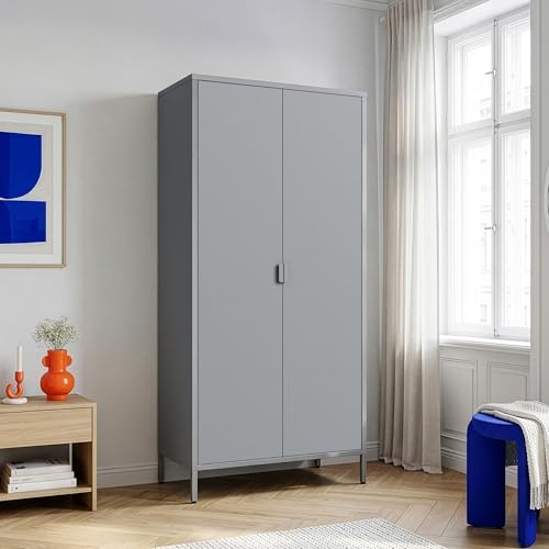 [en.casa] Kleiderschrank Esteli Garderobenschrank mit 2 Türen 170 x 80 x 45 cm Schlafzimmerschrank 2 Kleiderstangen 4 höhenverstellbare Einlegeböden Stahl Grau