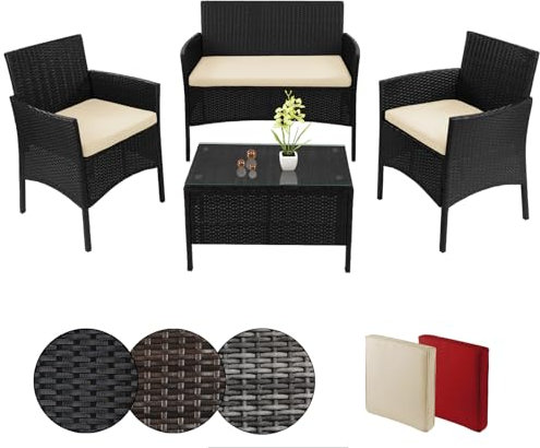 BB Sport Poly Rattan Sitzgruppe 4 Personen Tisch 2 Stühle Sitzbank 5cm Dicke Sitzpolster Balkonmöbel Set Sitzgarnitur Balkon Terrasse Garten Outdoor, Farbe:Titan-Schwarz/Sandstrand