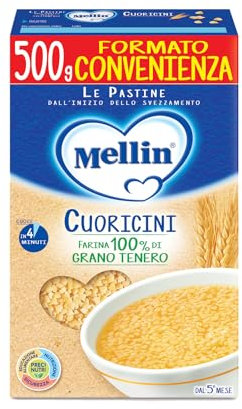 Mellin - Cuoricini - Pastina a base di Farina di Grano Tenero e Vitamina B1, per Bambini dal 5° Mese Compiuto - Confezione da 500gr