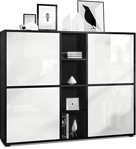 Vladon Highboard Cuba V3, Made in Germany, Schwarz matt/Weiß Hochglanz - Moderne Anrichte mit 12 Fächern (130,5 x 105,5 x 35,5 cm)