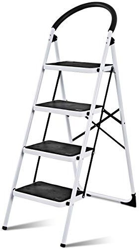 COSTWAY Escabeau Marches Pliant, Echelle Marchepied antidérapant, Escabeau Ménager en Fer, 150kg capacité, Environ 80CM, Blanc Noir (4 Marches)