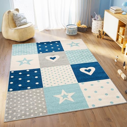 TAPISO Lazur Teppich Kinderteppich Kurzflor Modern Grau Creme Blau Türkis Sterne Herzen Punkte Jugendzimmer Kinderzimmer Modern Design ÖKOTEX 180 x 260 cm
