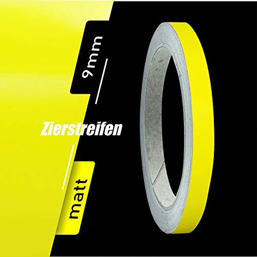 siviwonder Zierstreifen selbstklebend Folie Schwefelgelb Gelb Matt matt 9 mm x 10 m Rolle Dekorband Auto Motorrad Boot Fahrrad Wohnwagen Helm Pinstripe Klebeband für Konturmarkierung Dekoration Linie