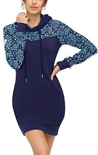 TrendiMax Damen Sweatshirt Langarm Hoodie Kleid Pulloverkleid Rollkragen Sweatkleid Kapuzenpulli Lange Tops, Blau Blumen, M