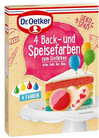Dr. Oetker 4 Back- und Speisefarben, 4 x 80 g, Lebensmittelfarben (rot, blau, gelb & grün), zum Dekorieren und Verzieren von diversem Gebäck & Desserts, wiederverwendbar