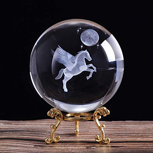 Fotokugel 80mm 3D Lasergravierte Miniatur Pegasus Kristallkugel Kristall Handwerk Kugel Glas Home Decoration Ornament Geburtstagsgeschenk Glaskugel Fotografie ( Color : With gold base , Size : 80mm )