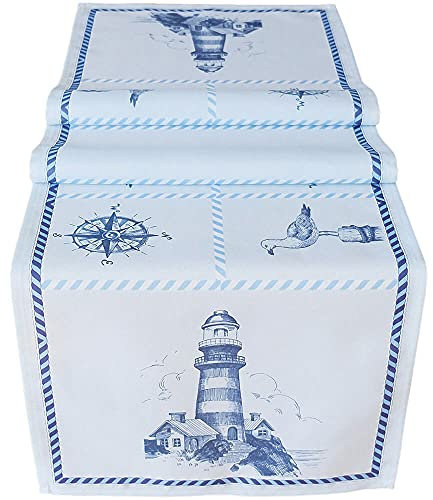 matches21 Tischläufer/Mitteldecke maritim mit Leuchtturm & Windrose & Möwe Tischwäsche blau weiß 40x140 cm Polyester