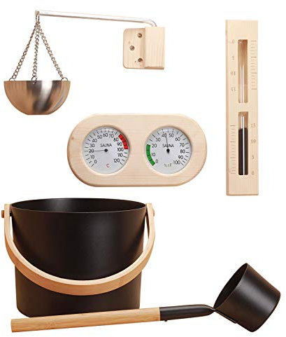 Lot de 5 accessoires pour sauna - Seau de 7 l - Seau de sauna avec louche, seau de sauna avec seau de 7 l - Sablier / thermohygromètre / poêle de sauna en aluminium