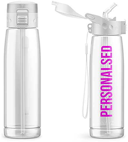 Personalised Water Bottle With Straw 660ml, School Water Bottles Boys Girls, Gym Bottle Bpa Free Cycling Sports Add Your Custom Text To Bottle (Clear)