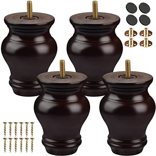 TCHOSUZ 4 inch / 10cm Wooden Furniture Legs, Pack of 4 Classic Walnut Solid Wood Turned DIY Replacement Bun Feet with M8 Hanger Bolts & T-Nuts for Sofa Couch Cabinet Ottoman Bed Riser