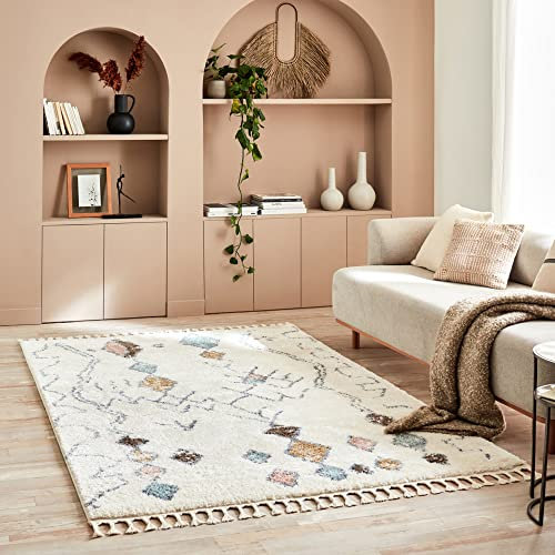 Nazar Tapis Berbere Salon, Tapis Berbere a Franges, Tapis Shaggy, Tapis Berbere Multicolore, Motifs Losanges géométriques, Lavable, Moelleux, Poils Longs, Tapis Berbere (120x170 cm, 3063 Crème)