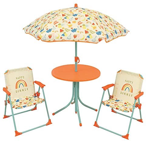 FUN HOUSE FRUITY'S Salon de Jardin Enfant avec Table H.46 x Ø 46 cm, Deux Chaises H.53 x L.38,5 x P.37,5 cm et Un Parasol H.125 x Ø 100 cm, Multicolore 713467