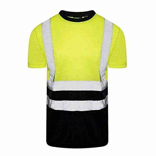 Mens Hi Vis Reflective Crew Neck T Shirt Adults Short Sleeve High Visibility Shirt Top Yellow/Navy