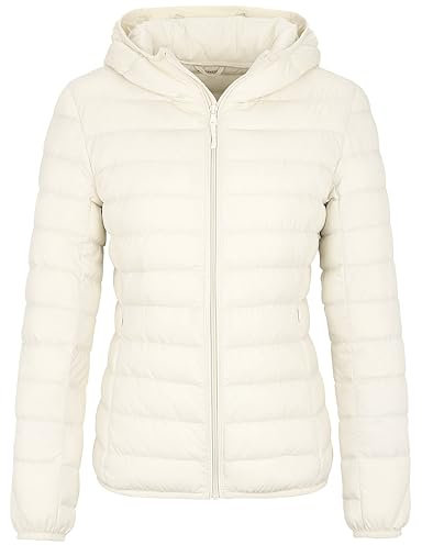Wantdo Femme Veste en Duvet Manteau Matelassé à Capuche Léger Compressible Veste Coupe-Vent Isolée de Montagne à Capuche Mince Veste d'Extérieur Courte Ivoire M