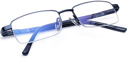 Madison Avenue Halber Rahmen Lesebrille Herren, Metall Blaulichtfilter Brille Herren, Rechteck Leser mit Federscharniere,blau +1.00 dioptrien