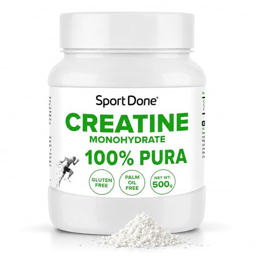 Sport Done - Creatina Monohidrato en Polvo | 500g | 166 servicios | Sin gluten ni aceite de palma | 100% pura | Uso antes del entrenamiento | Formato de larga duración