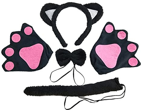 TSHAOUN Gatto Cosplay Set, Costume Giochi Gatto Peluche Artiglio Guanti Gattino Orecchie Coda e Fiocco per Dress Up Carino Costume Party Decoration Set