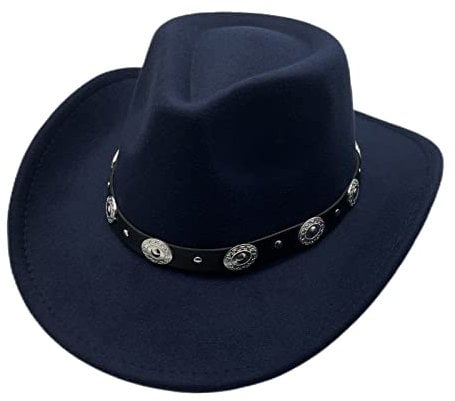 Cowboyhut Damen Herren Westernhut Fedora Hut Breiter Krempe mit Lederband (Blau)
