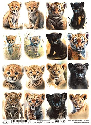 Josys Bastelmärchen Reispapier A4 Strohseide Motiv Raubtiere Tiger Löwe Leopard Gepard Panter RE1423
