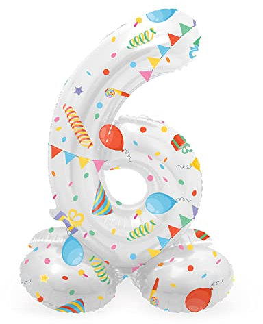 Folat 63966 Luftballon Geburtstag Stehender Ziffer Zahl 6 Joyful Party Weiß mit Geschenke und Dekoration 72 cm - Decoration Geburtstagdeko, Ballon Zahl, Kein Helium erforderlich