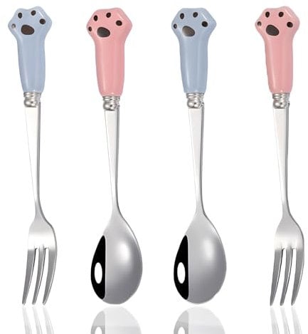 CTENYXUR 4 Piece Cat Food Fork Set - Paw Cat Can Spoon Stainless Steel Dog Spoon Pet Food Fork, Blue Pink