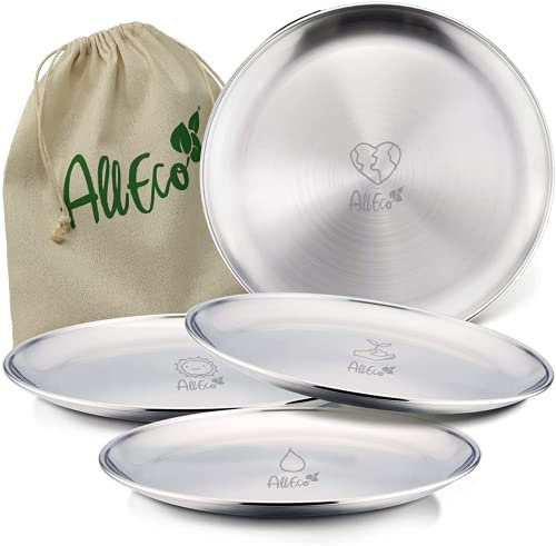 AllEco® Edelstahl Camping Teller Set 4 Stk. 30cm Ø Picknick Geschirr Edelstahlteller Outdoor Campingküche Campinggeschirr nachhaltig & plastikfrei