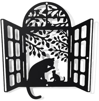 nbeads Katzen Fenster Metall Wanddekoration, Schwarze Wand hängende Dekoration Silhouette Wandkunst für Haus Schlafzimmer Wohnzimmer Bad Küche Büro Hotel Wanddekoration, 27×26cm