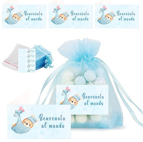 Dolplp! 50pz Sacchetti Blu Nascita Bomboniere Confetti+50pz Bigliettini Benvenuto al Mondo+100pz Sacchetti Plastica Portaconfetti Addobbi Decorazione Regalo Nascita Battesimo Feste Bambino Bimbo