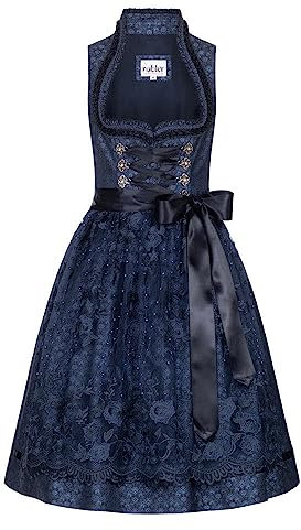 Nübler Dirndl midi Damen CORO Blau - 2-teilig Set mit Kleid und Schürze, Herz-Ausschnitt, Samtschürzenband, glänzendes Ornamentenmuster, Tüllschürze mit Blüten, ideal für Oktoberfest, Größe:36