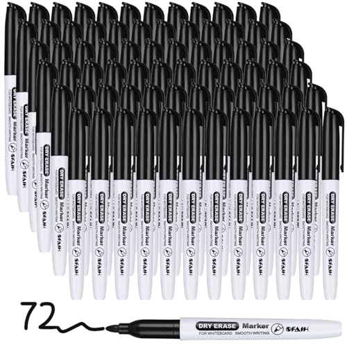 SFAIH Black Dry Erase Markers Fine Tip, 72 Pack, 1-2mm Line, Low Odor