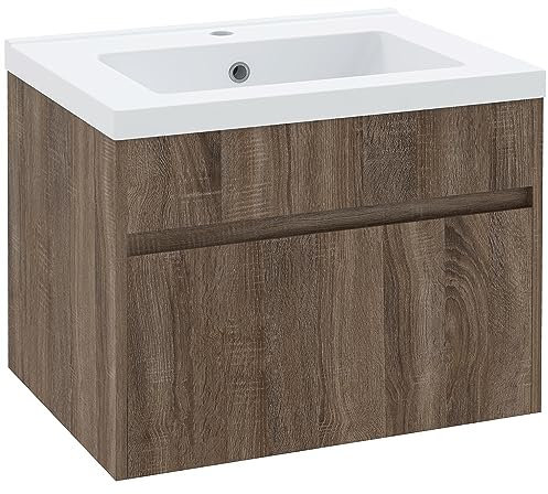 kleankin Mobile Lavabo da 60cm con Lavandino in Ceramica, Mobile Bagno Sospeso in Legno con Cassetto Soft Close, Marrone Chiaro
