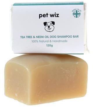 pet wiz Handmade Dog Shampoo Bar with Refreshing Scent - Tea Tree & Neem Oil - Repel Fleas & Ticks, Deodorising & Moisturising, 120g
