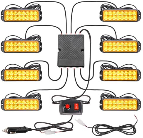 ROUTEKING 8 x 16 LED, girofano arancione stroboscopico, avviso di pericolo, 14 modalità lampeggiante, con scatola di controllo principale, 12/24 V, universale, per veicoli rimorchi, caravan, camper,