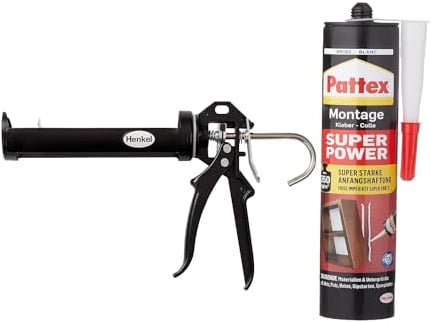 Pattex Montagekleber Super Power, mit superstarker Anfangshaftung, für saugende Materialien für Innen und Außen, Weiß (1x370g) & Pattex Profi Metall Kartuschenpistole