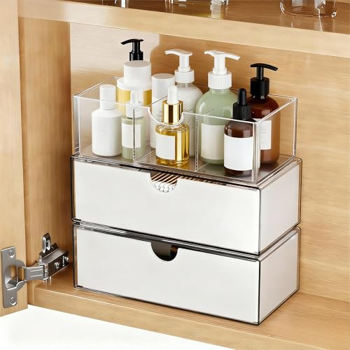 EAROND Medicine Cabinet Organizer 3-Tier,Divided & Stackable Storage Trays with 2 Drawers for Bathroom Mirror Cabinet, Wall Cabinet, Vanity, Countertop - White, EA20231214