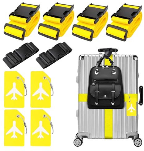 4 Stück Koffergurt & 4 Stück Kofferanhänger & 2 Stück Fügen Sie Eine Tasche Gepäckgurte Hinzu, Kofferband Gurt, Einstellbare Kofferbänder, Auffällig Luggage Strap für Koffer (Gelb)