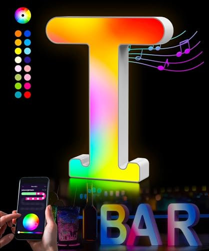 LED Buchstaben Lichter Alphabet - LED Brief Licht mit USB-Netzteil,APP-Kontrolle Musik Sync Dimmbar für Geburtstag Weihnachten Hochzeit Party Valentinstag & Festival Dekoration (T)