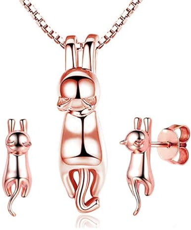 Kaguyo Jewelry Set for Women - Rose Gold Plated 925 Sterling Silver 3D Cute Cat Pendant Necklace with Small Tiny Cat Earrings for Women and Girls Kid(F1581R) (rose cat Jewelry Set)