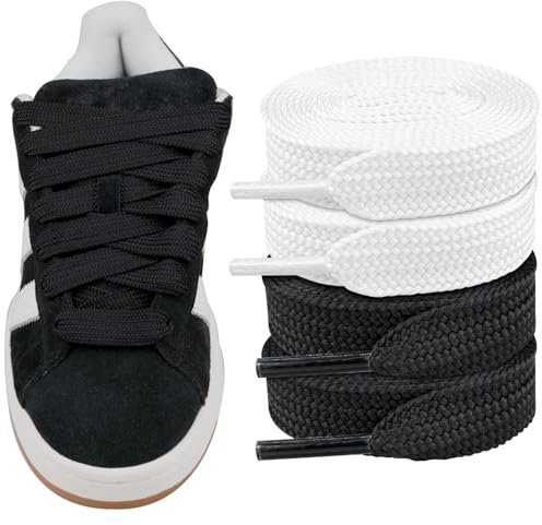 Endoto 2 Paires Lacets pour Adidas Campus 00s chaussures running, 16MM de large Remplacement Cordons Lacet plats gros Shoelaces Laces - Noir&Blanc, 63 pouces