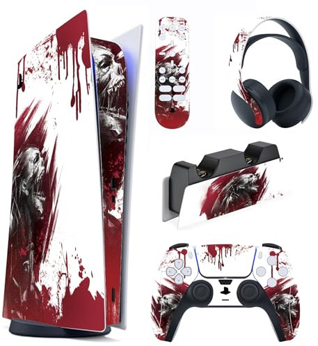 playvital Autocollant Protection pour ps5 Manette Accessoire Sticker Skin pour ps5 Habillages Digital Console & Controller & Télécommande & Casque & Station de Charge-Zombie de Sang