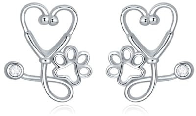 YFN Tierärztliche Geschenke, 925er-Sterlingsilber, Pfotenabdruck-Stethoskop-Ohrstecker, Tierarzt-Schmuck, für Damen und Mädchen, Sterling Silber, Zirkonia