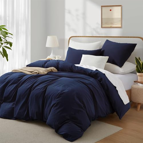Boqingzhu Baumwolle Bettwäsche 220x240cm Blau Dunkelblau Einfarbig Uni Doppelbett Weich Renforce Baumwollbettwäsche Bettbezug 220x240cm und 2 Kissenbezüge 80x80cm mit Reißverschluss