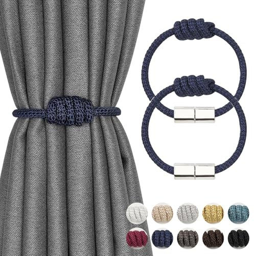 Pretty Jolly 2 Pack Mini Magnetic Curtain Tiebacks Modern Simple Style Drape Tie Backs Elegant Hand Weave Rope Knot Decorative Curtain Holdbacks for Home & Office Window Drapery (Dark Blue)