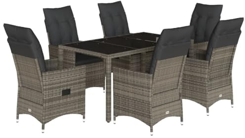 vidaXL 7-TLG. Garten-Essgruppe mit Kissen Grau Poly Rattan