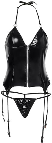 Satohom Mujer Conjunto de Lencería de Liga de Charol Bodysuit 2 Piezas Wetlook Body Ropa Interior con Latex Tanga Cuello en V PU Leotrad con Cremallera Metálica Teddy Babydoll Lingerie S-L