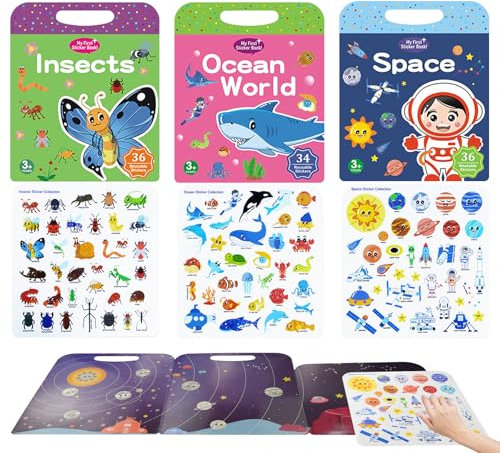 Rongxze 3 Stück Stickerbuch für Kinder, Wiederverwendbare Kinder Stickerbüch für Kinder 3-6, Sticker Spiel, Pädagogisches Lernbuch, Geschenk für Kinder