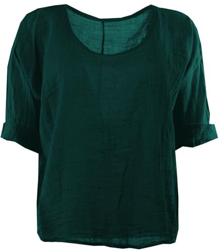 How Nice is that Womens Plain Linen Turn-up 3/4 Sleeve Crop Top Bottle Green One Size (Fits UK 8-14)