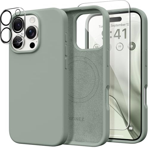 GONEZ Compatible with iPhone 16 Pro Max Case, Compatible with MagSafe, Liquid Silicone Case, 1 Screen Protector + 1 Len Protector, Full Body Protective Shockproof Phone Cover 6.9, Calke Green